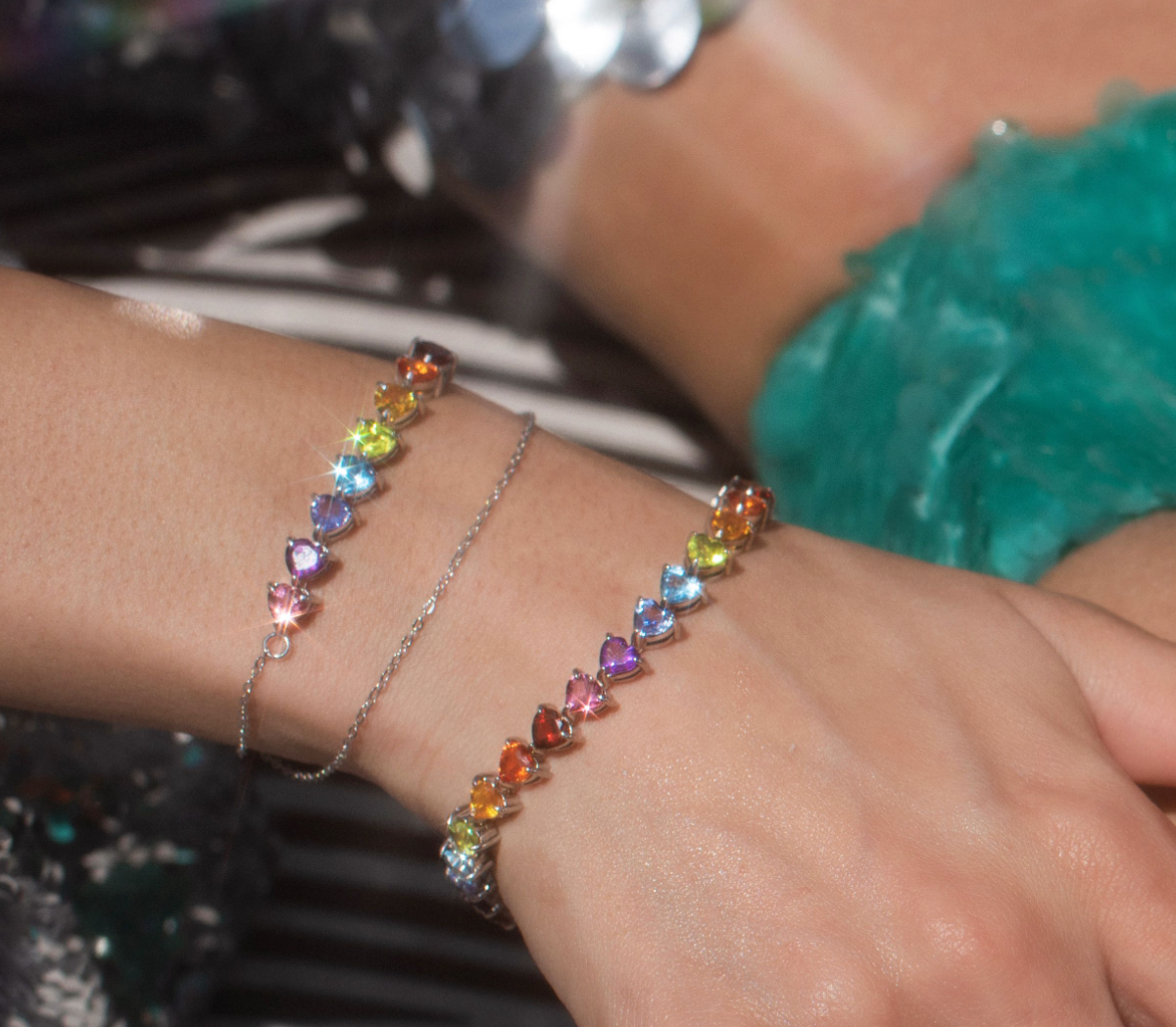 Rainbow heart tennis bracelet